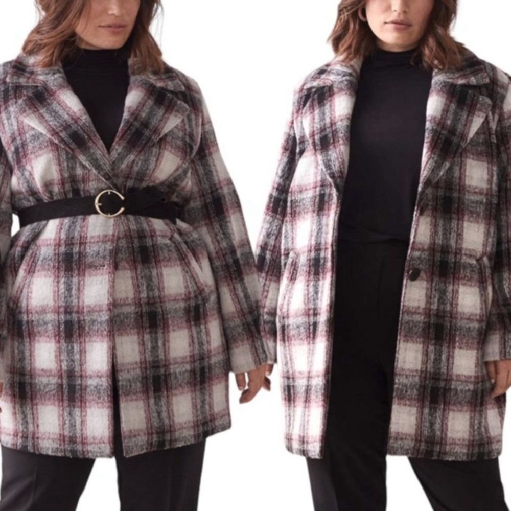 Addition Elle Women’s Pea Coat Black, White and Red Plaid Jacket, Size 1X,